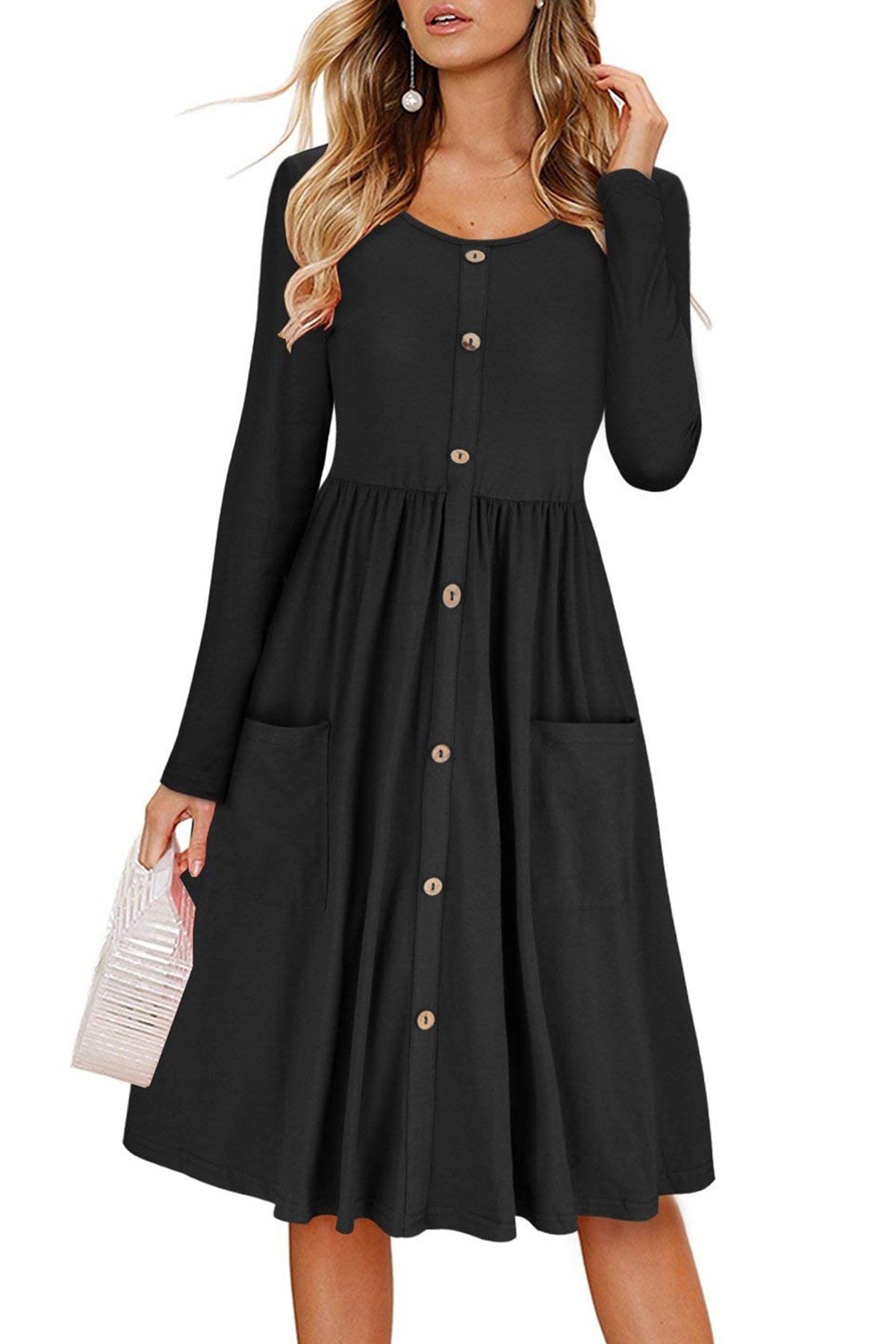 Black Casual Button Down Long Sleeve Swing Dress