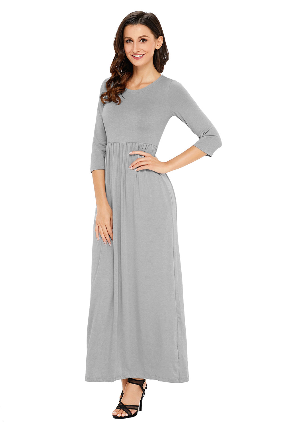 Grey Pocket Design 3/4 Sleeves Maxi Dress