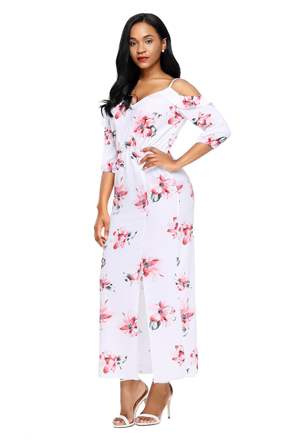 White Cold Shoulder Floral Slit Maxi Dress