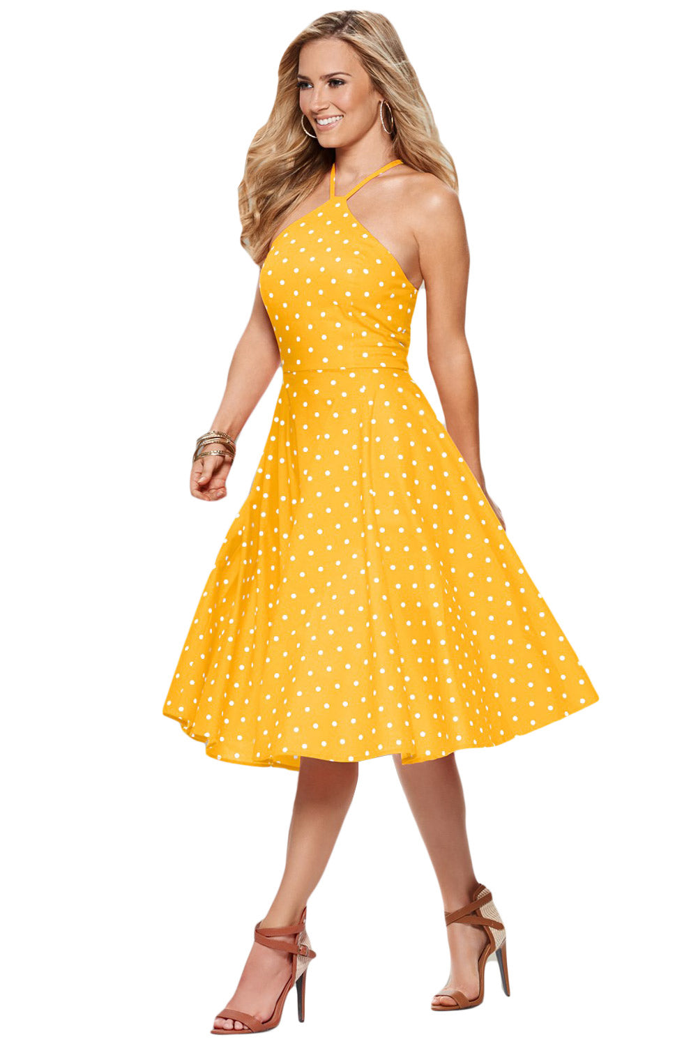 Yellow White Polka Dot Flared Vintage Dress