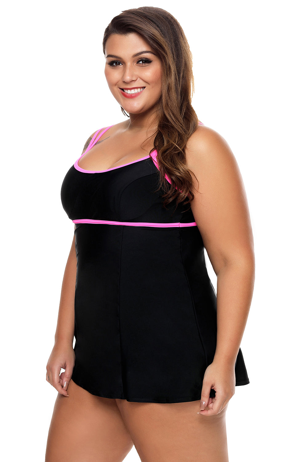 Stylish Double Shoulder Straps Black One-piece Swimdress
