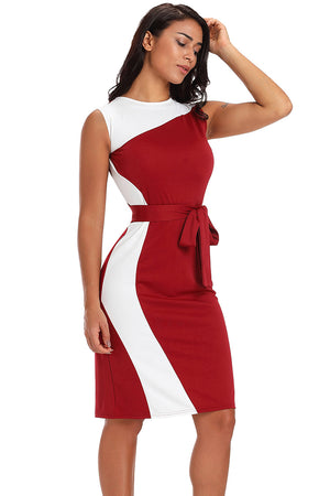 Asymmetric Burgundy White Patchwork Belted Sheath Dress