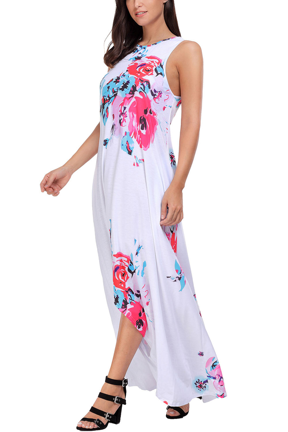 White Floral Pocketed Holiday Maxi Boho Dress