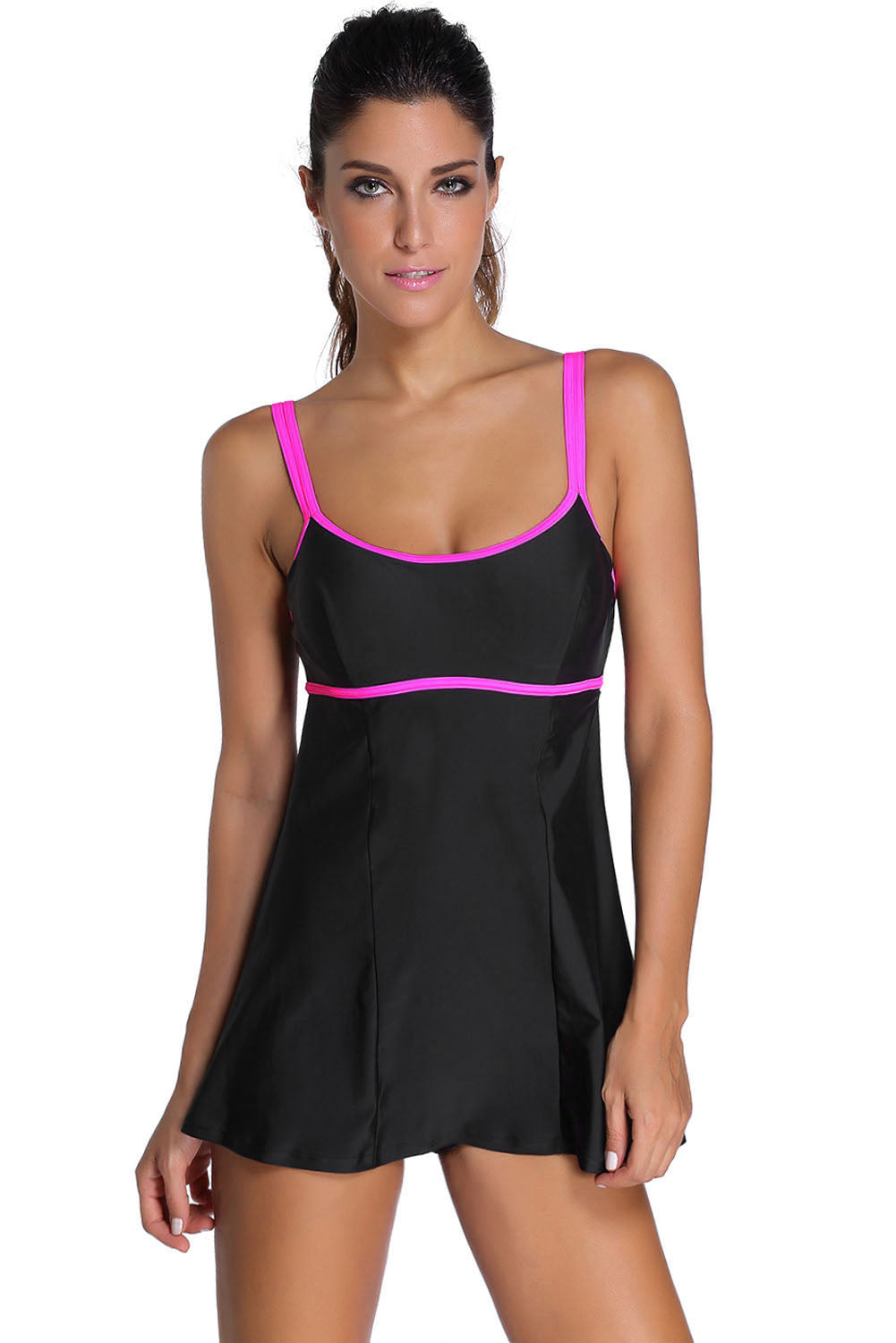 Stylish Double Shoulder Straps Black One-piece Swimdress