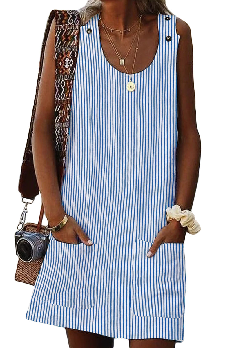Sky Blue Boho Crew Neck Pockets Daily Striped Shift Dress