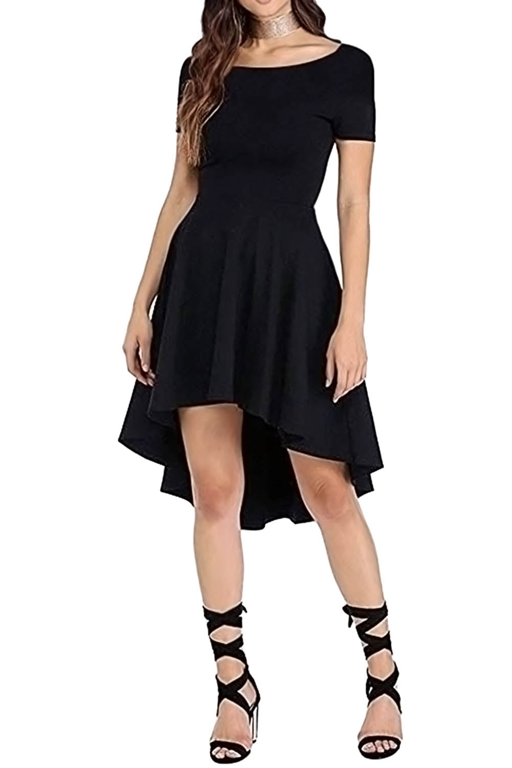 Black Short Sleeve High Low Cocktail Skater Dress