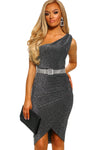 Ray of Light Gray Lurex One Shoulder Ruched Midi Dress