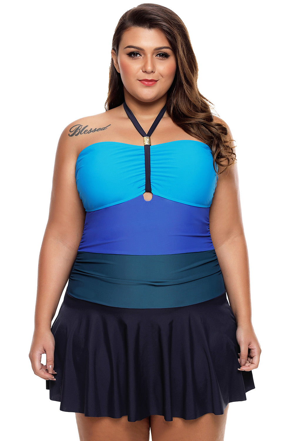 Blue Color Gradient Sweet Halter Swimdress