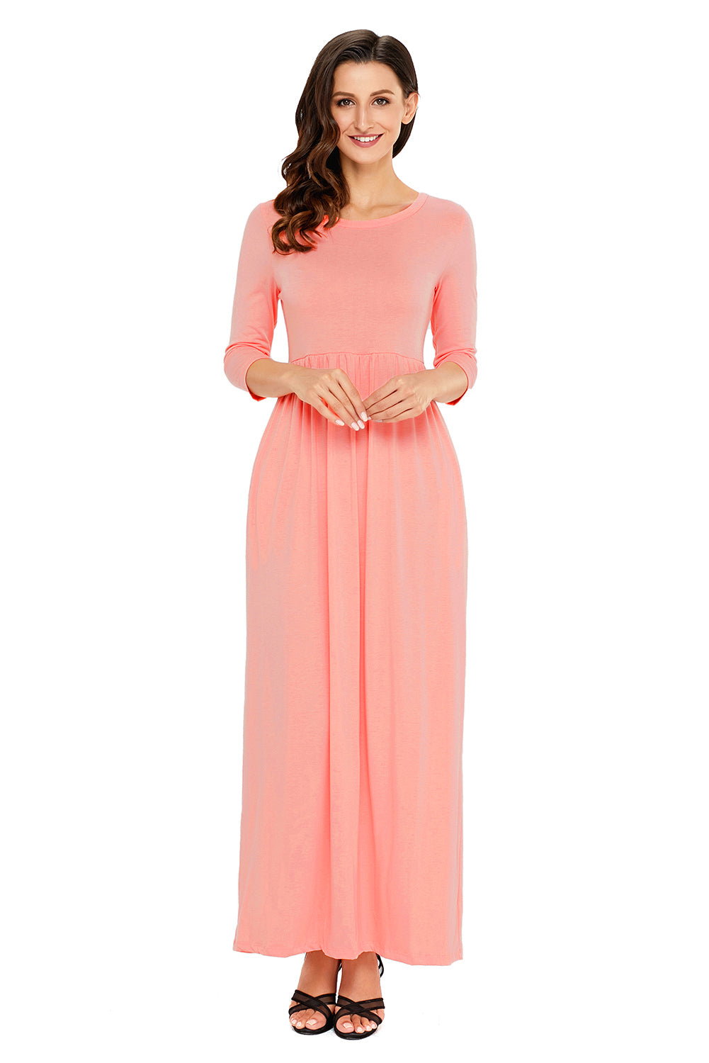 Pink Pocket Design 3/4 Sleeves Maxi Dress