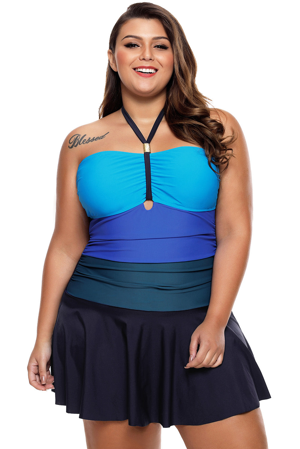 Blue Color Gradient Sweet Halter Swimdress