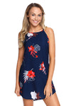 Blooming Red Flower Print Navy Sleeveless Dress