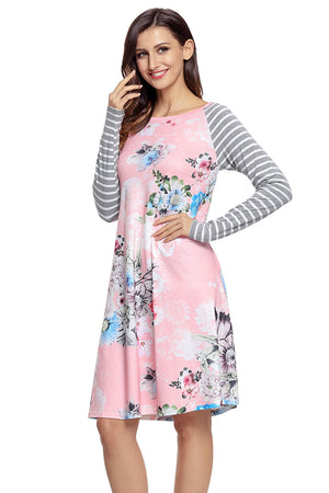 Pink Floral Print Stripe Raglan Sleeve Dress