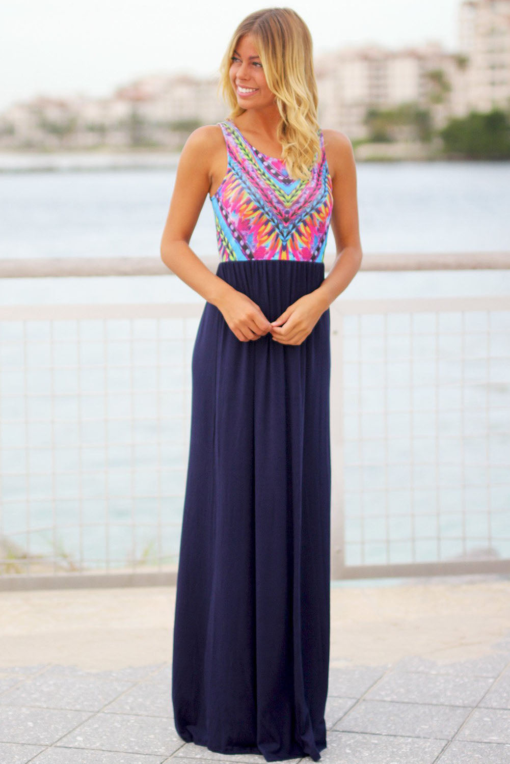 Stylish Tribal Print Sleeveless Navy Maxi Dress