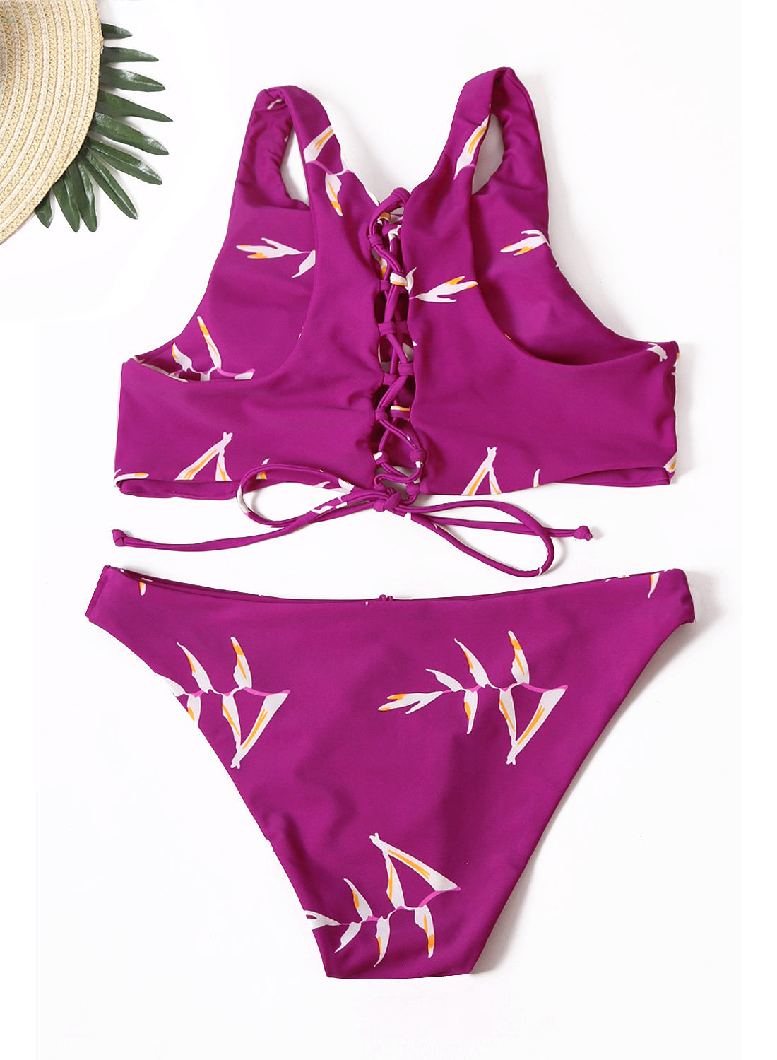 Fuchsia Print Lace up Racerback Bikini