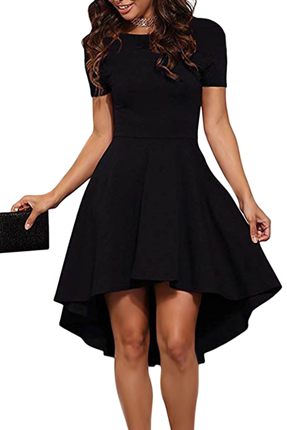 Black Short Sleeve High Low Cocktail Skater Dress