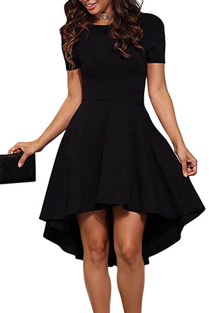 Black Short Sleeve High Low Cocktail Skater Dress