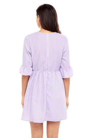 Purple White Stripe Flounce Sleeve Seersucker Dress
