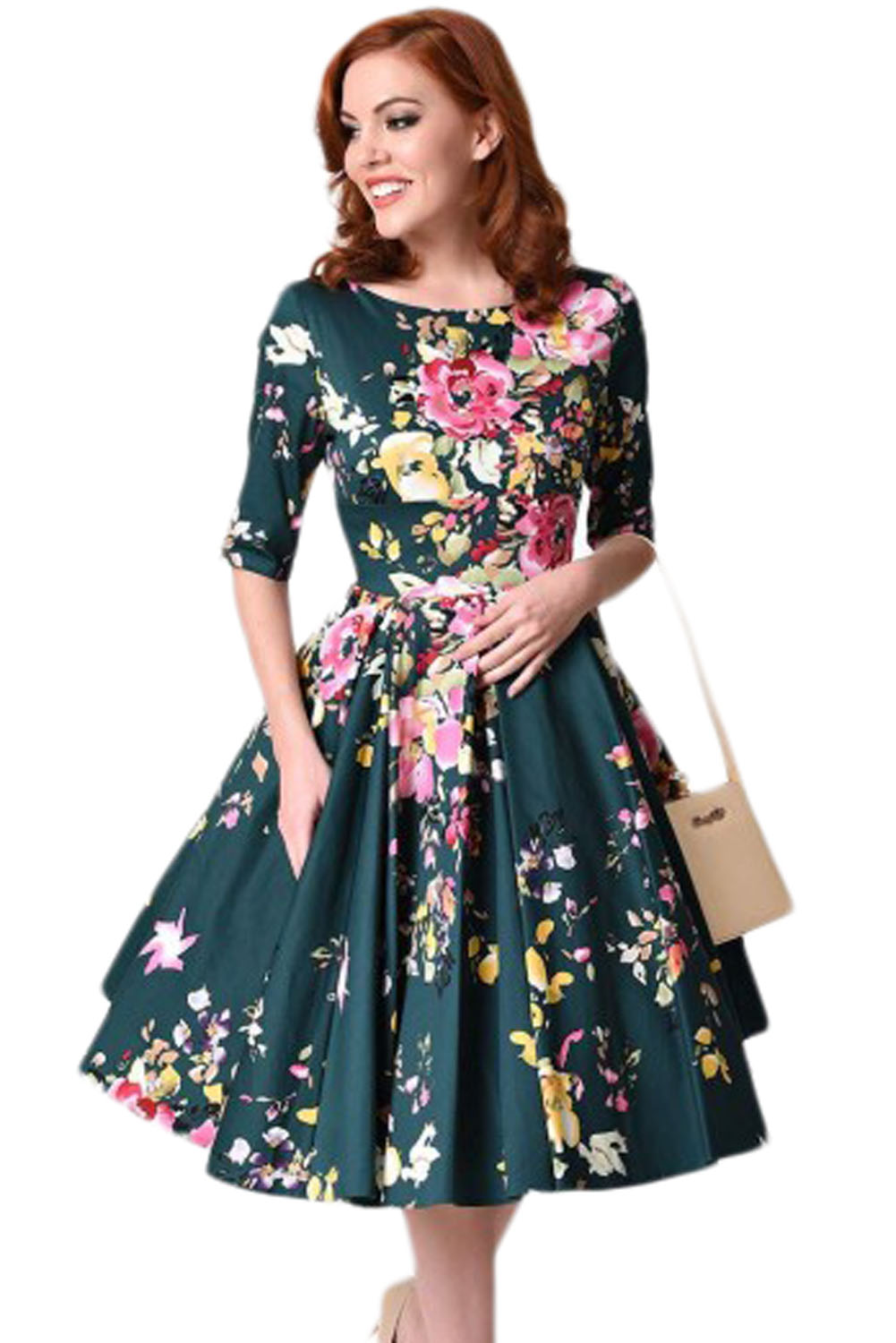 Jasper Vintage Style Floral Half Sleeve Swing Dress