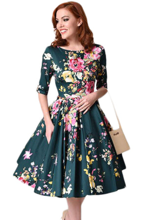Jasper Vintage Style Floral Half Sleeve Swing Dress