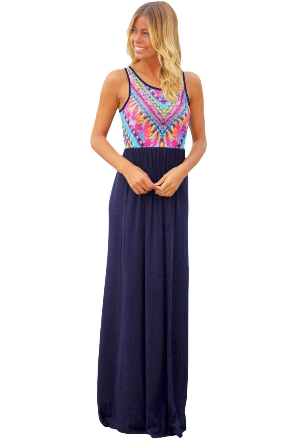 Stylish Tribal Print Sleeveless Navy Maxi Dress