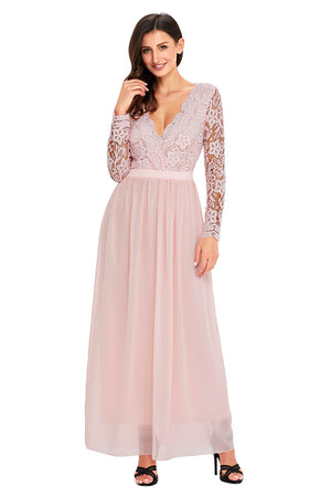 Pink Open Back Long Sleeve Crochet Maxi Party Dress