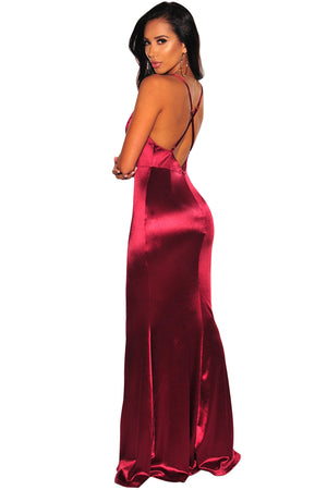 Wine V Neck Crisscross Slit Mermaid Evening Dress