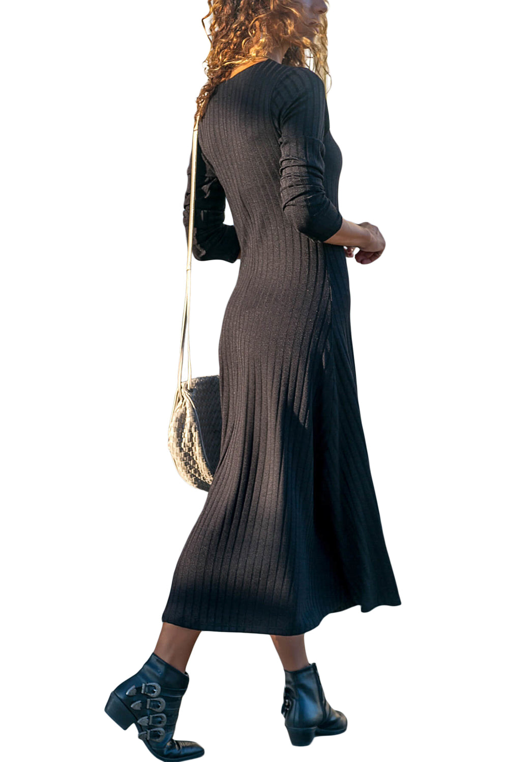 Black Button Front Long Sleeve Ribbed Maxi Dress