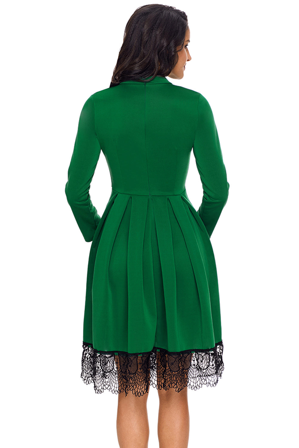Lace Hemline Detail Green Long Sleeve Skater Dress