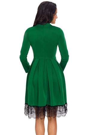 Lace Hemline Detail Green Long Sleeve Skater Dress