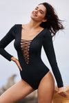 Black Sexy Lace up High Cut One Piece Swimsuit