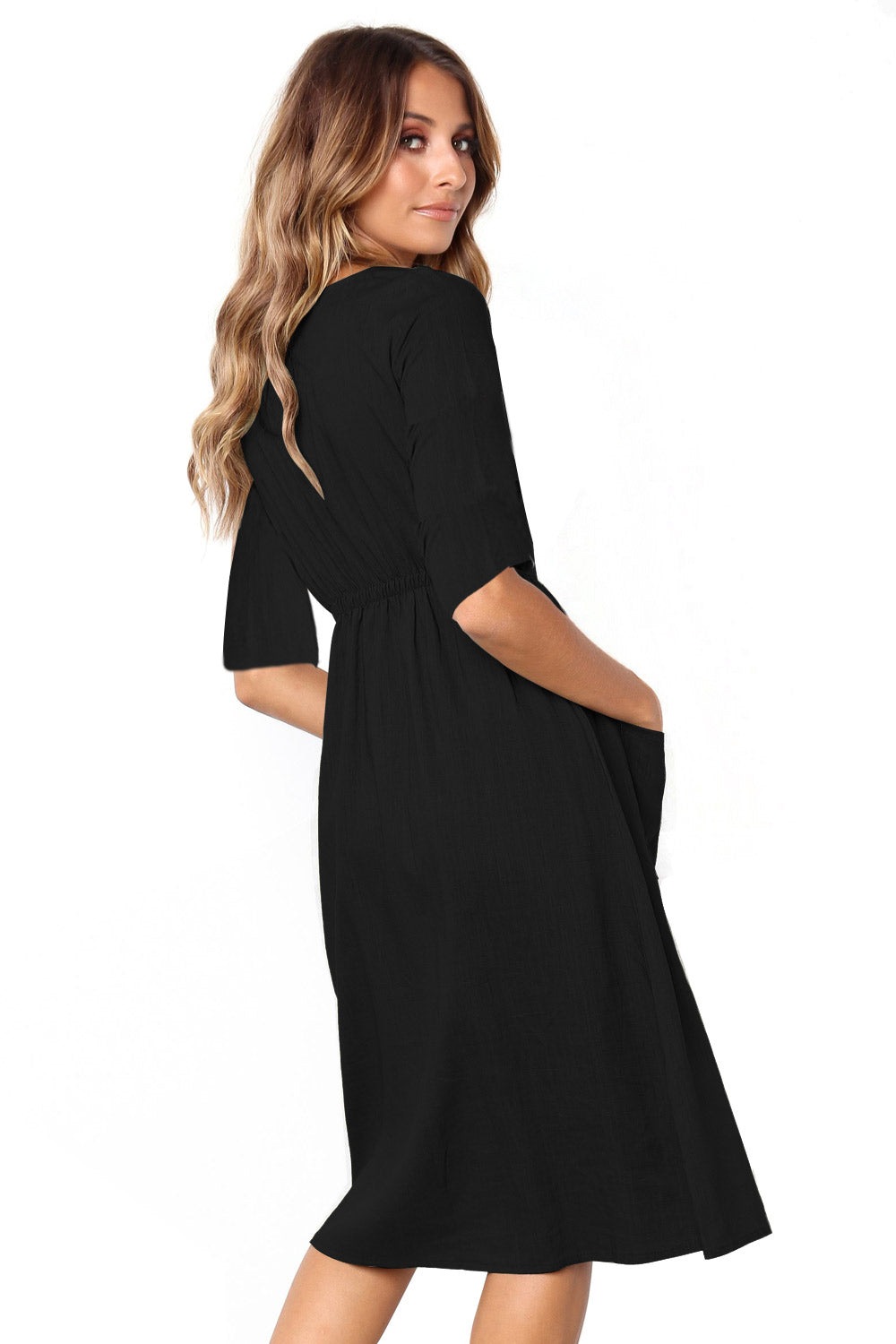 Black Button Front Midi Dress with Pockets
