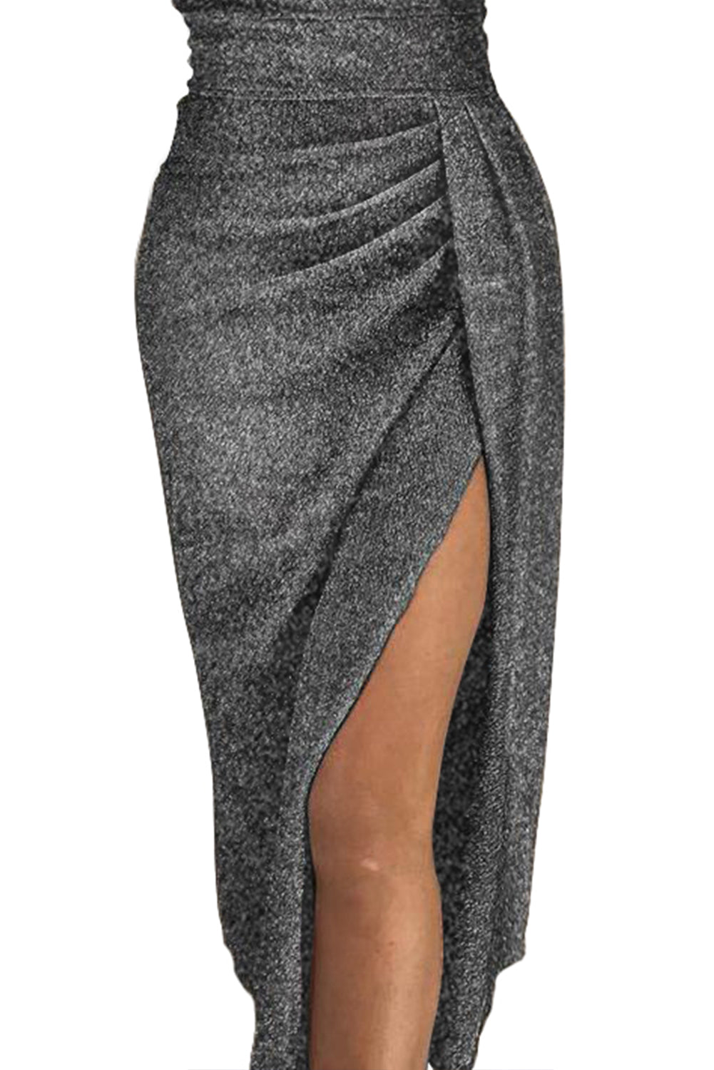 Black Off Shoulder Short Sleeve Metallic Slit Party Dress