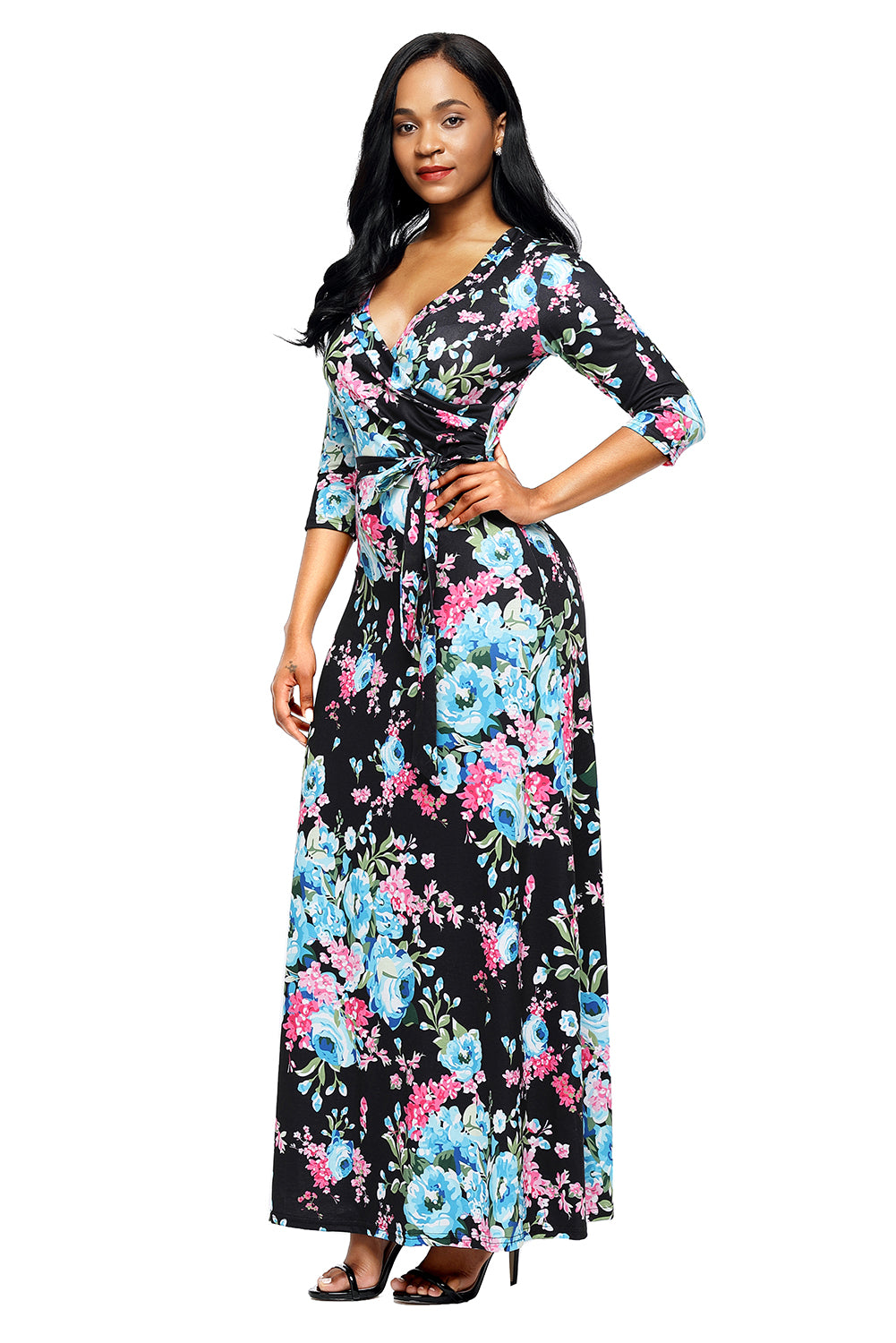 Black Blue Floral Print Wrapped Long Boho Dress
