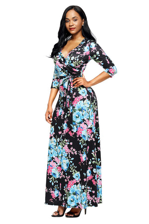 Black Blue Floral Print Wrapped Long Boho Dress