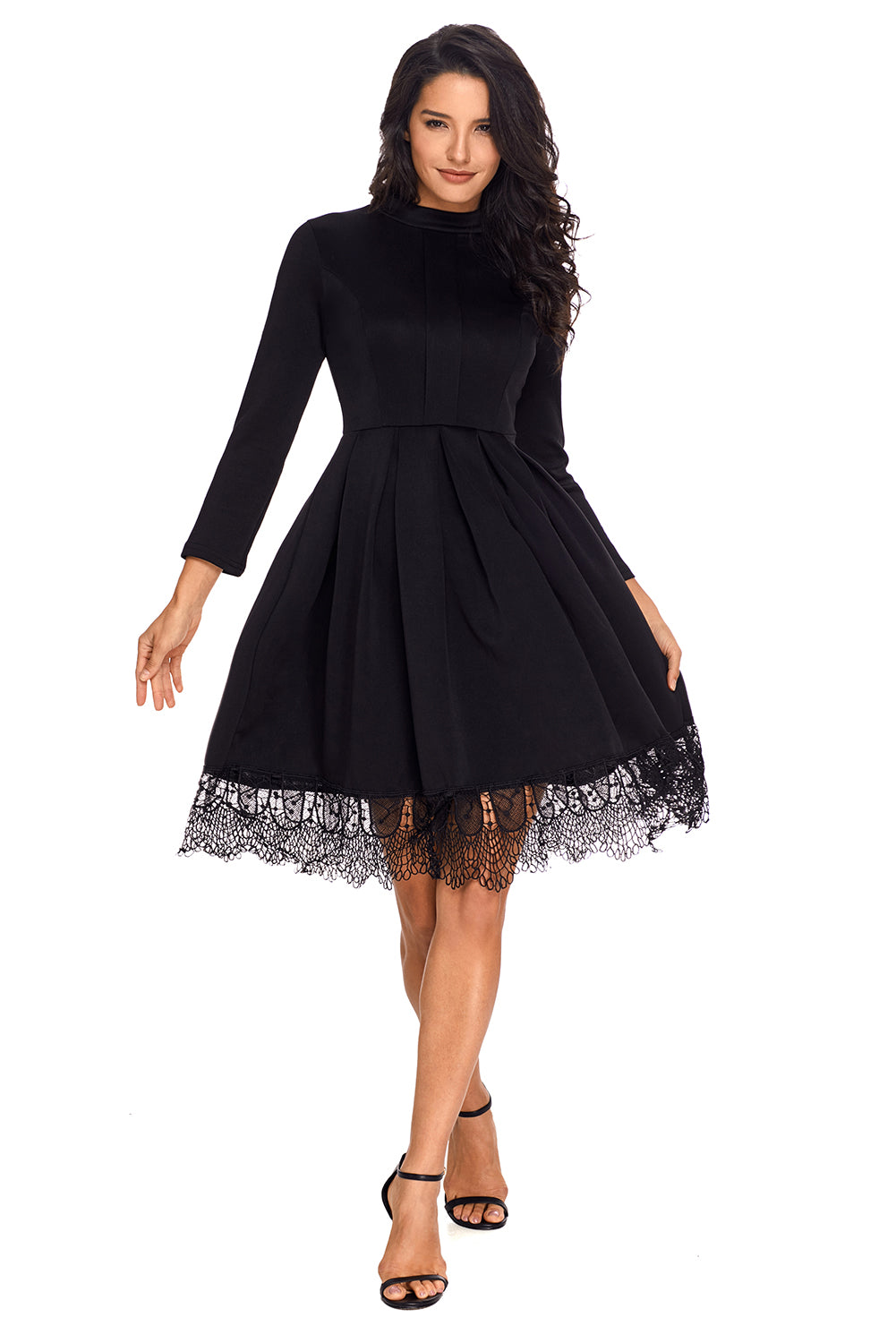 Lace Hemline Detail Black Long Sleeve Skater Dress