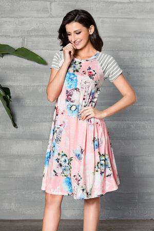 Pink Backdrop Floral Print A-line Loose T-shirt Dress