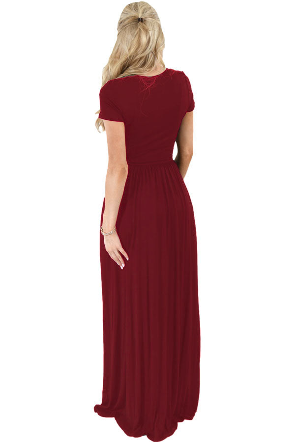 Wine Short Sleeve Ruched Waist Maxi Dress