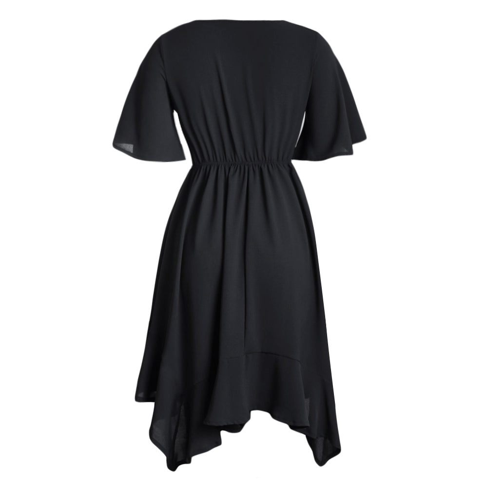 Black Chiffon Irregular Hem Short Sleeve Pleated Dress