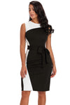 Asymmetric Black White Patchwork Belted Sheath Dress