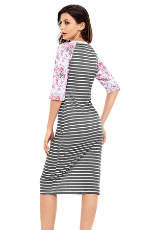 Black White Stripe Floral Sleeve Midi Dress