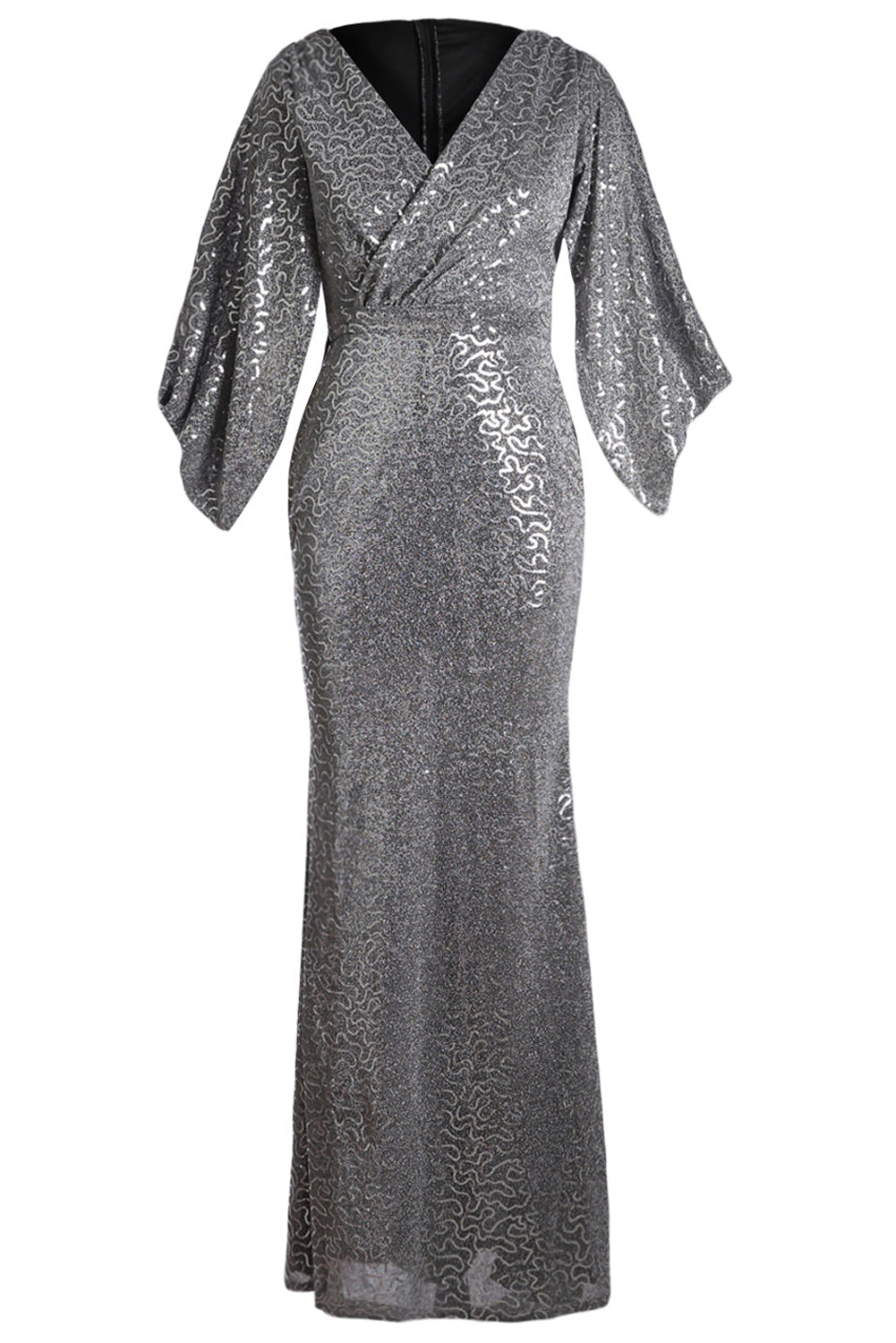 Gray Sequin Butterfly Sleeve Floor Length Party Gown