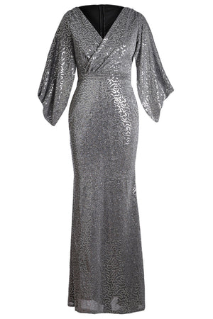 Gray Sequin Butterfly Sleeve Floor Length Party Gown