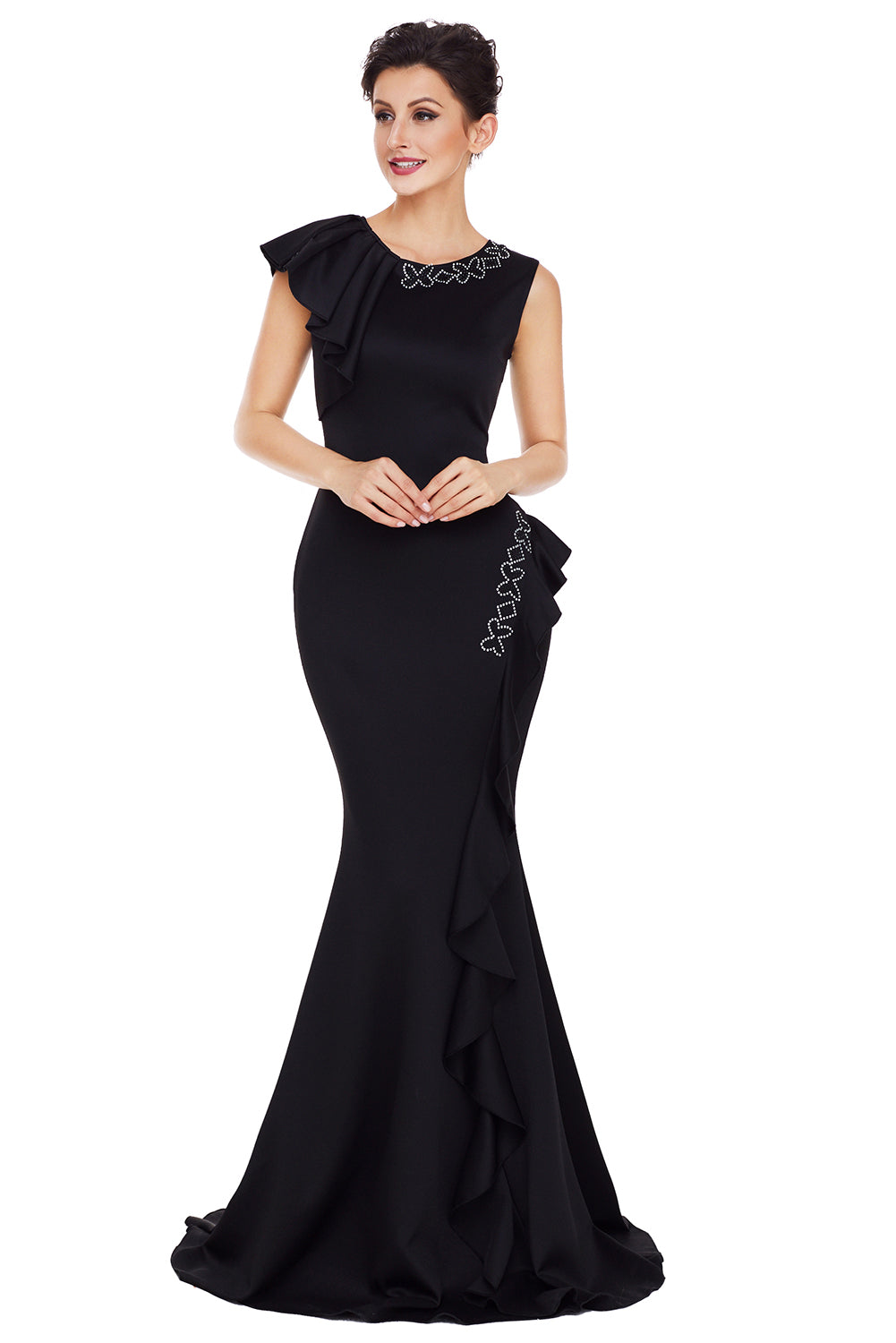 Black Asymmetric Pleats Detail Elegant Long Party Dress