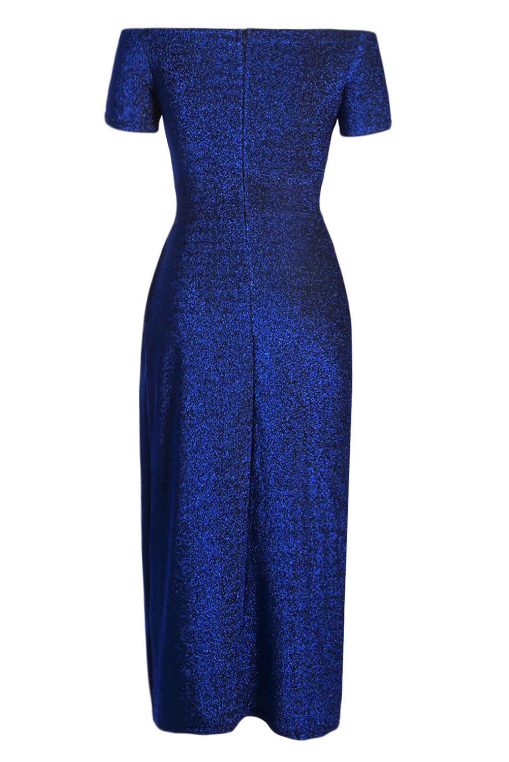 Blue Off Shoulder Short Sleeve Metallic Slit Party Dress
