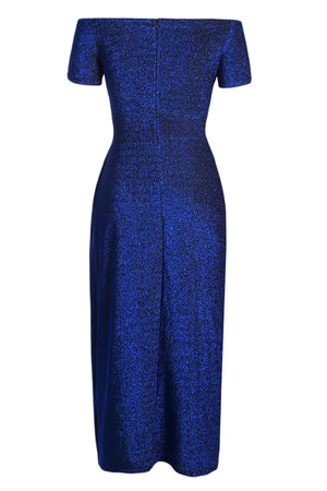 Blue Off Shoulder Short Sleeve Metallic Slit Party Dress