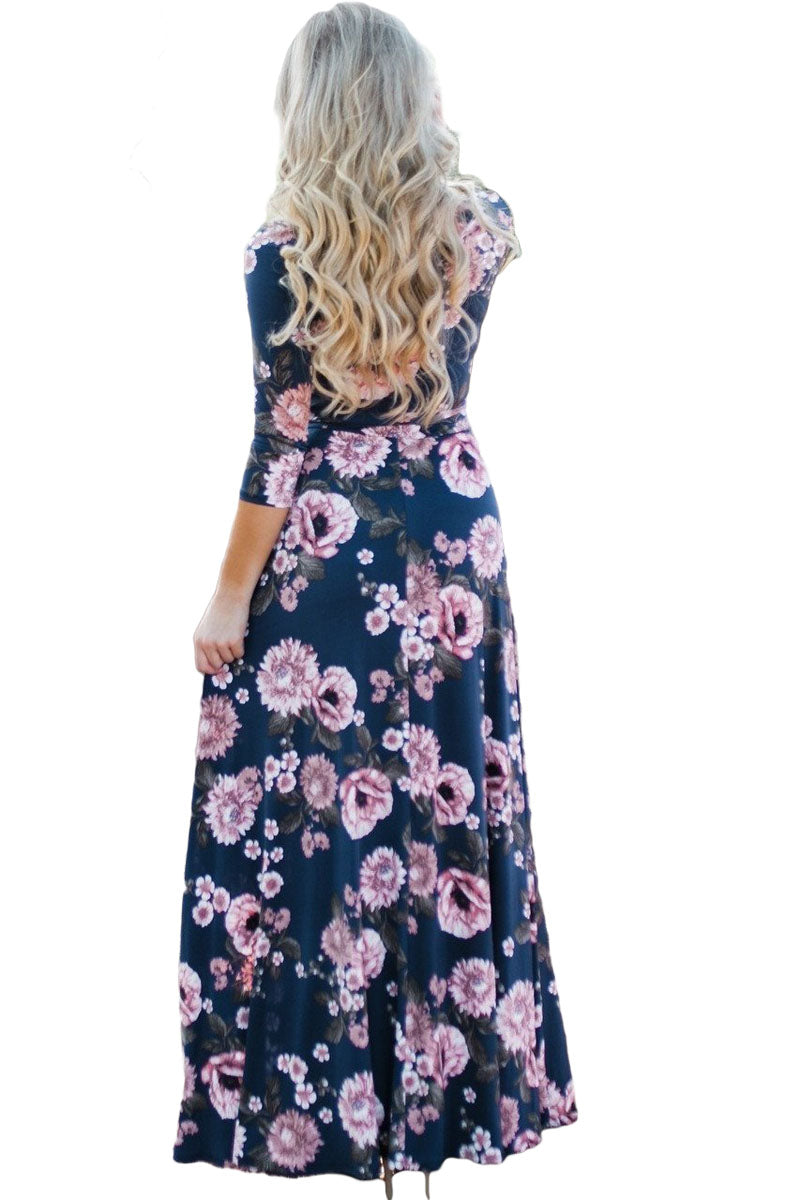 Navy Blue Blooming Flower Print Wrap V Neck Boho Dress