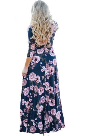 Navy Blue Blooming Flower Print Wrap V Neck Boho Dress
