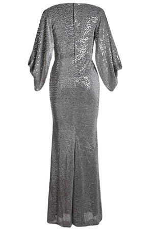 Gray Sequin Butterfly Sleeve Floor Length Party Gown
