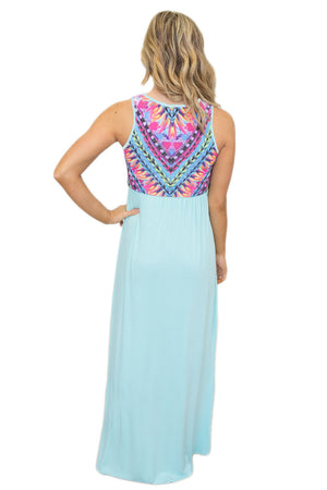 Stylish Tribal Print Sleeveless Mint Maxi Dress
