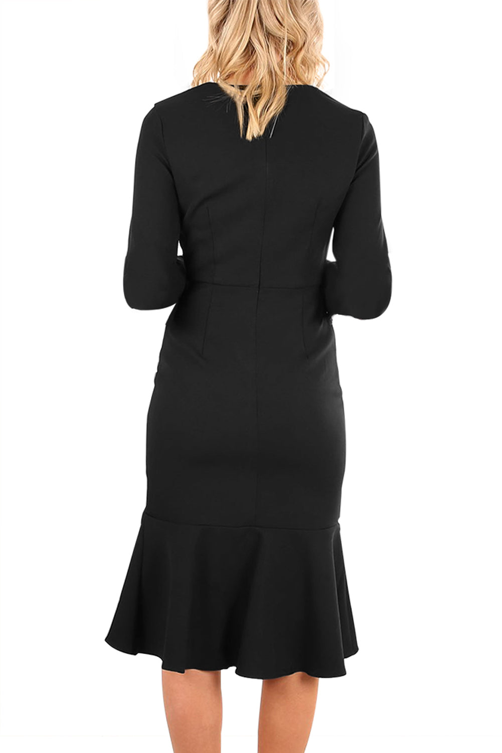 Black Delicate Ruffle Accent Bell Sleeve Midi Dress